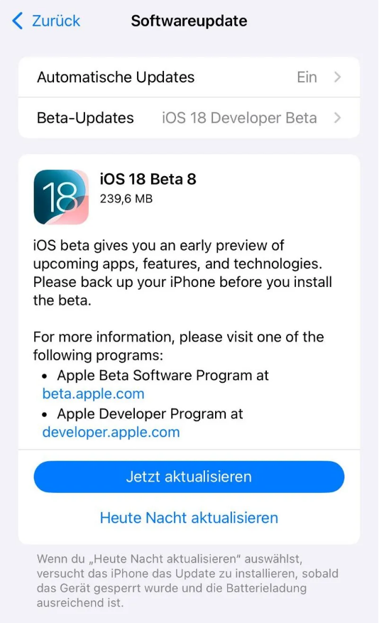 乌兰察布苹果手机维修分享苹果 iOS / iPadOS 18 开发者预览版 Beta 8 发布 